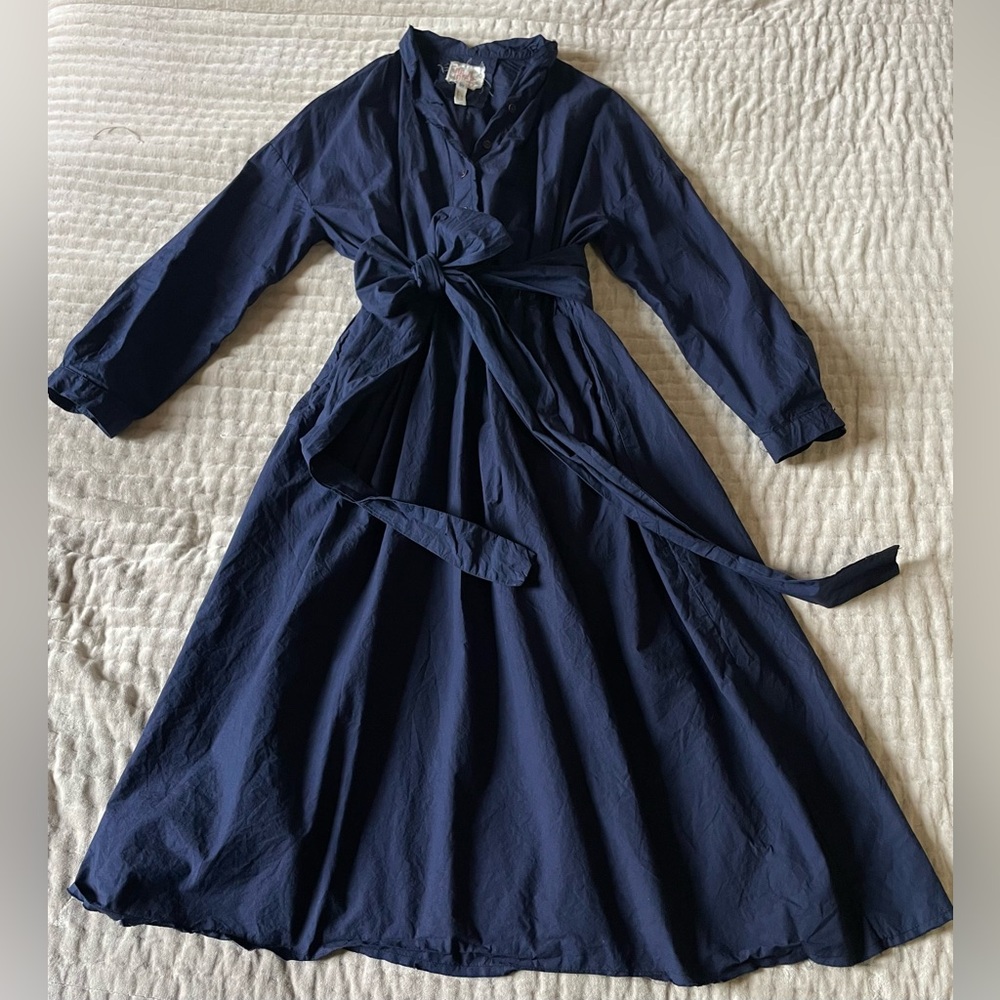 HANNOH WESSEL H+ Navy Cotton Dress French Minimalist Fit & Flare Raw Hems 40 L 8